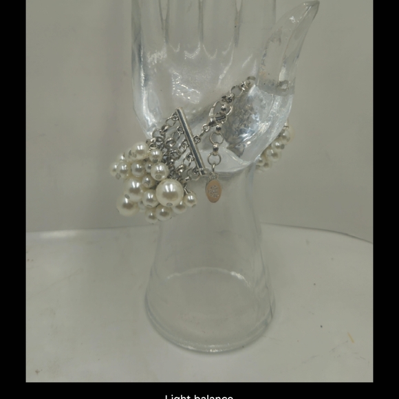 Vintage Aura Faux Cluster Pearl Rhinestone Silver Tone Link Bracelet - Picture 3 of 16